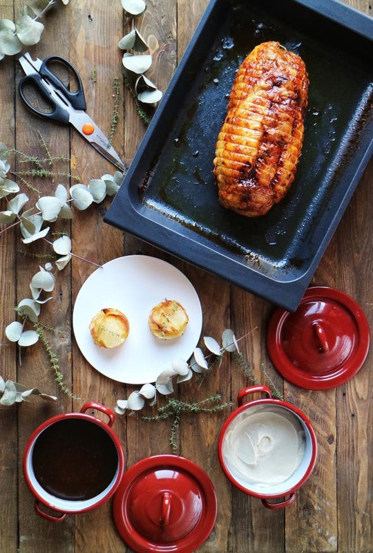 Pollo relleno con puré de castañas y pastel de patata, idea para Navidad