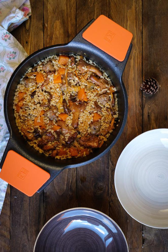 Arroz de setas, butifarra y calabaza