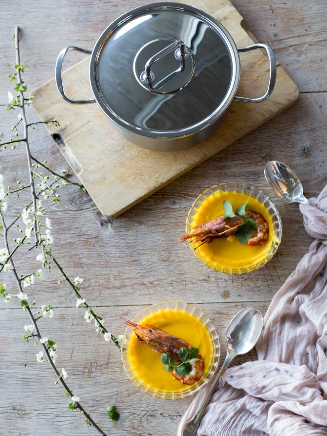 Crema de boniato y gambas