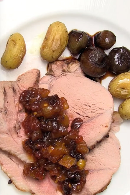 Jamón glaseado a la miel con Chutney de pera y azafrán, vídeo receta