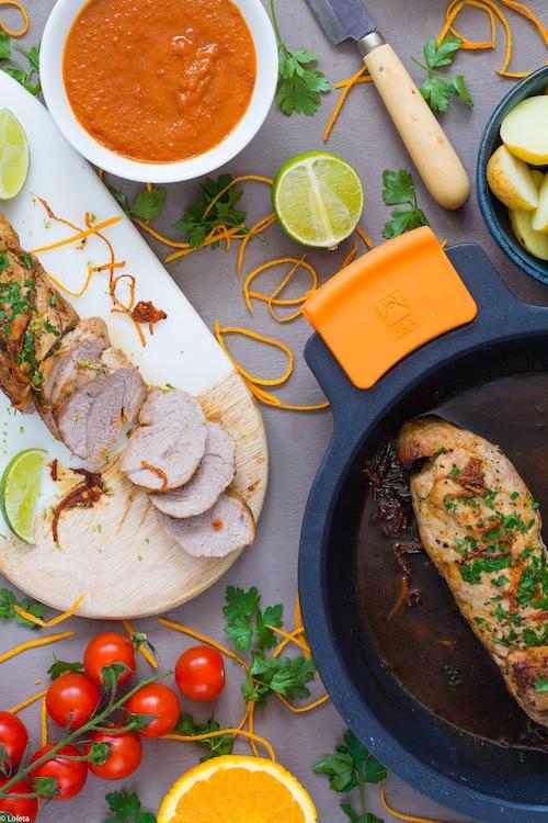 Filet mignon de cerdo marinado con naranjas