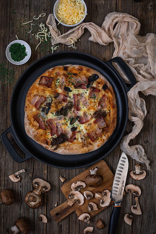 Pizza de setas con panceta