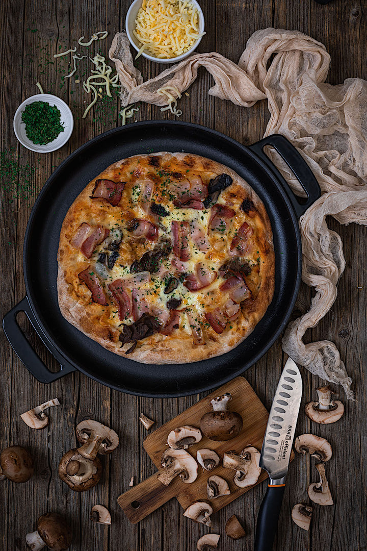 Pizza de setas con panceta