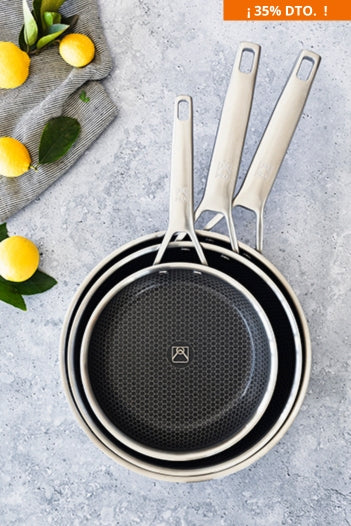 Set de 3 sartenes acero inoxidable con fondo de abeja Hybrid Cell