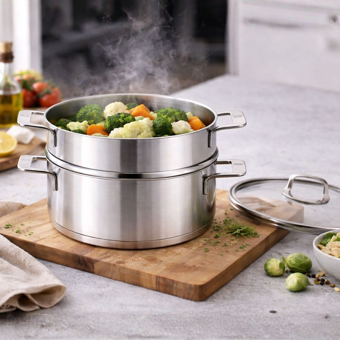 Edelstahl-Kochtopf mit Dämpfeinsatz ohne Antihaftbeschichtung Signatur – Cocina con BRA