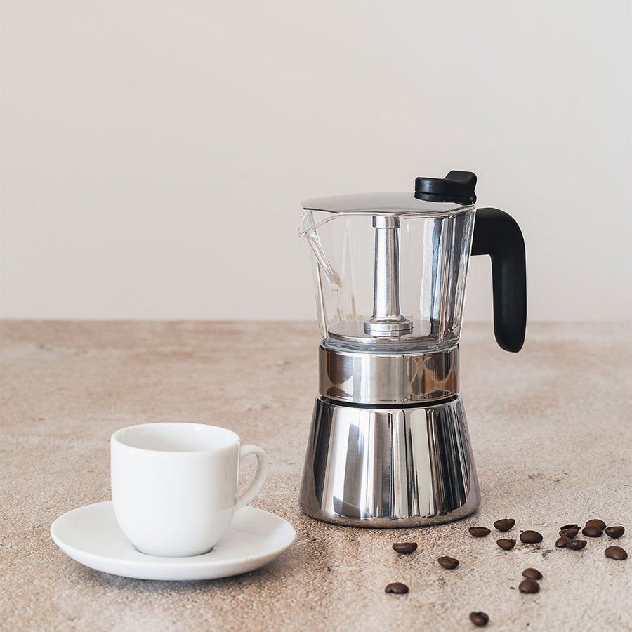 Moka Induction Stovetop Espresso Maker - 240ml (6 Cup) Stainless Steel With Glass Top