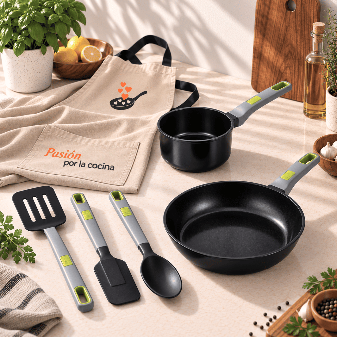 Pack Life con sartén, cazo, utensilios + delantal de regalo